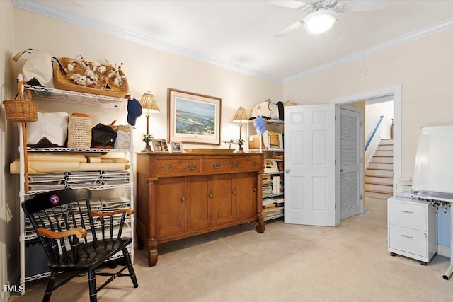 bedroom with light carpet and ornamental molding