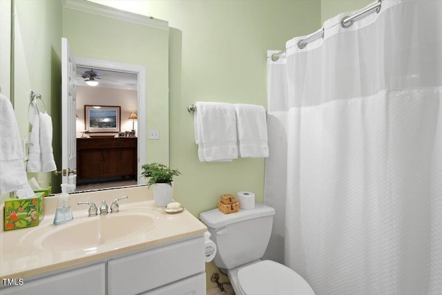 bathroom with a shower with curtain, vanity, toilet, and ensuite bathroom