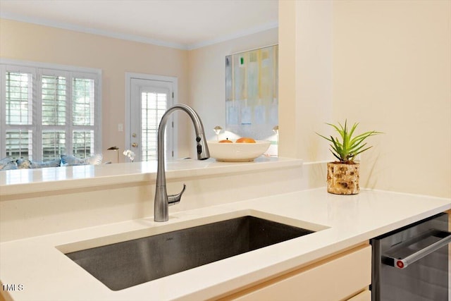 interior details featuring dishwasher, crown molding, light countertops, and a sink