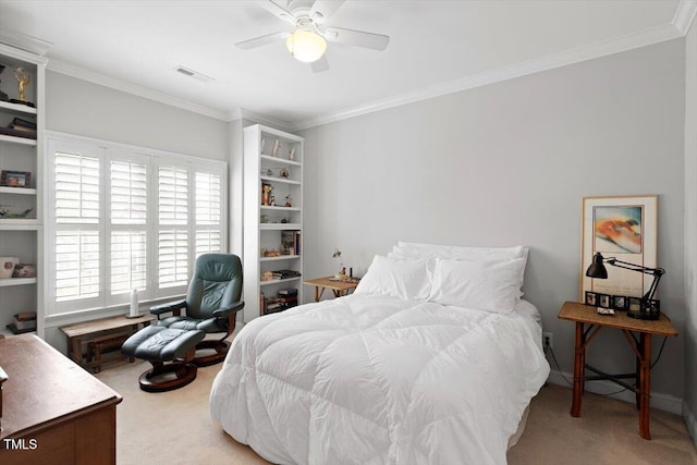 bedroom featuring carpet floors, visible vents, and crown molding