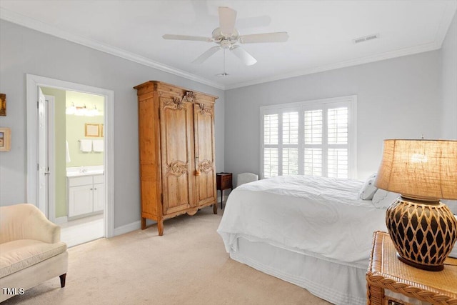 bedroom featuring crown molding, light colored carpet, visible vents, ceiling fan, and baseboards