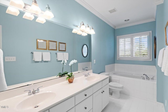 full bathroom with a garden tub, a notable chandelier, visible vents, ornamental molding, and a sink