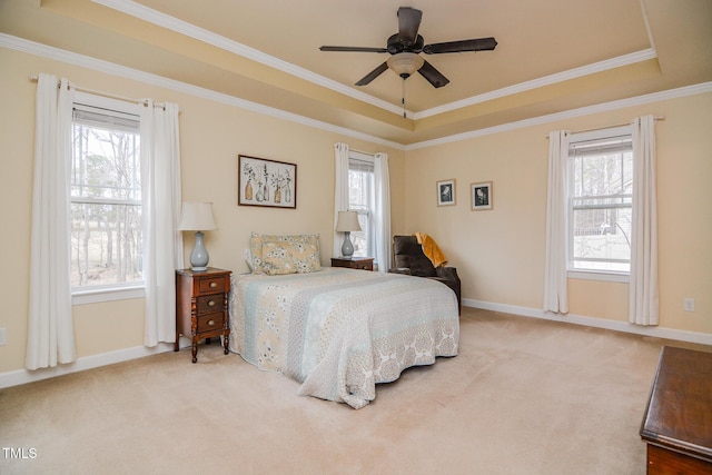 carpeted bedroom featuring multiple windows and a raised ceiling