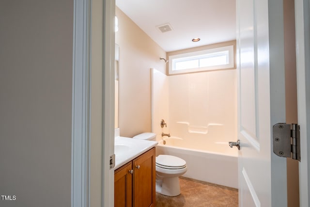 full bathroom featuring shower / tub combination, toilet, visible vents, vanity, and tile patterned floors