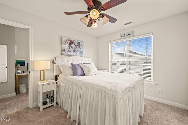 bedroom featuring carpet flooring, baseboards, and ceiling fan