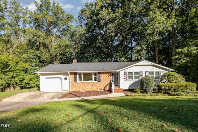 view of front of home with brick siding, concrete driveway, a chimney, crawl space, and a front yard