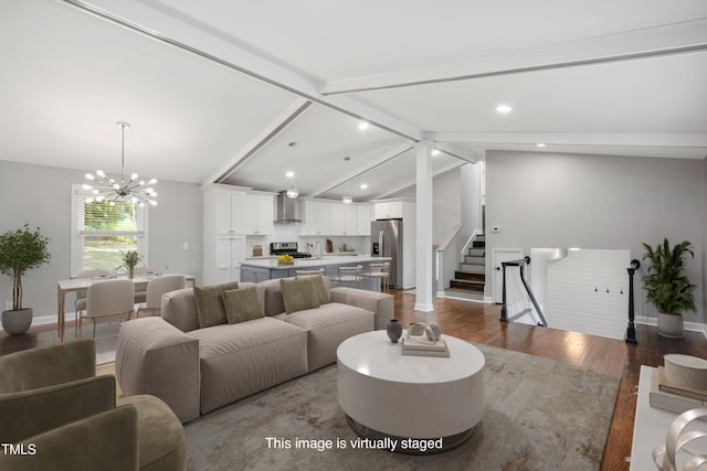 2120 Hillock Dr, Raleigh, NC 27612 - living area featuring stairs, dark wood-style floors, a chandelier, and recessed lighting