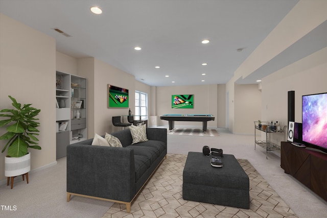 living area with recessed lighting, visible vents, light carpet, and billiards