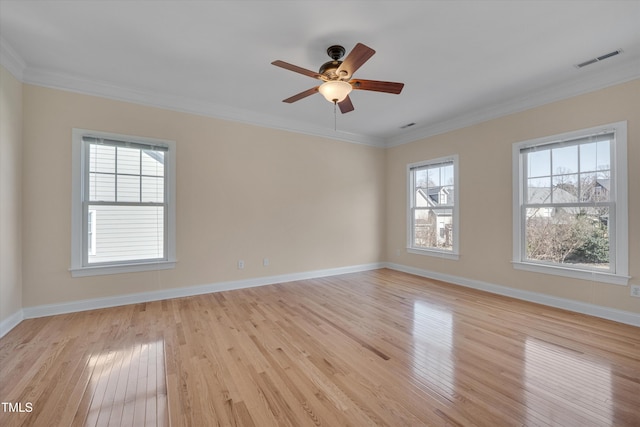 unfurnished room with visible vents, baseboards, light wood-style flooring, and crown molding