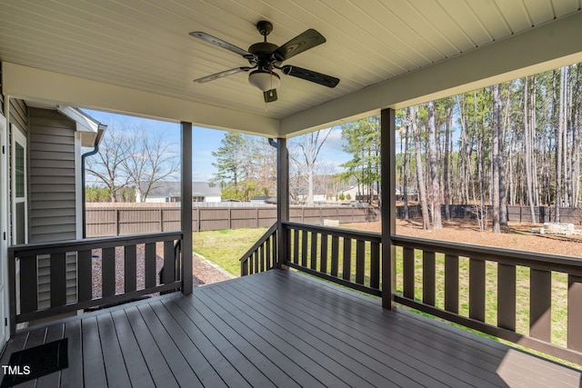 wooden deck featuring a ceiling fan, a fenced backyard, and a yard