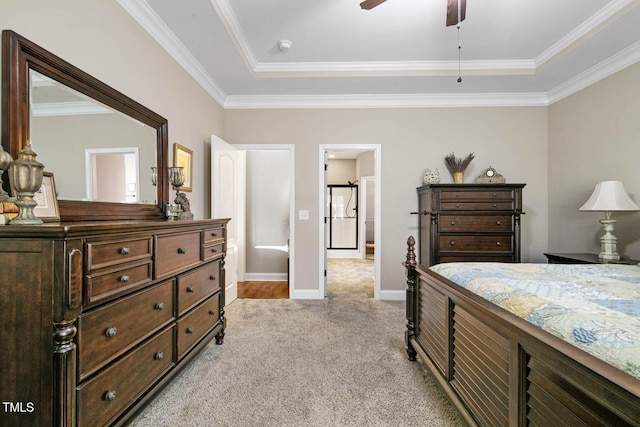 bedroom with crown molding, ceiling fan, and baseboards