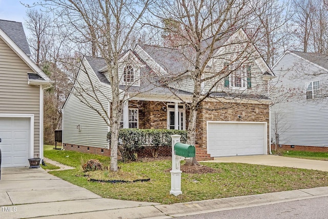 traditional-style home featuring concrete driveway, roof with shingles, a garage, crawl space, and stone siding