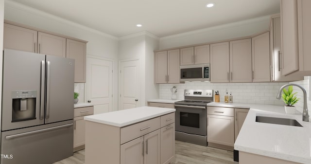 kitchen with a kitchen island, appliances with stainless steel finishes, a sink, crown molding, and backsplash