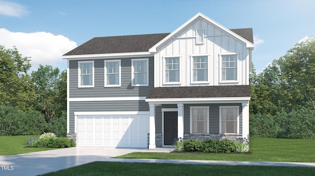 view of front of property with roof with shingles, board and batten siding, stone siding, driveway, and a front lawn