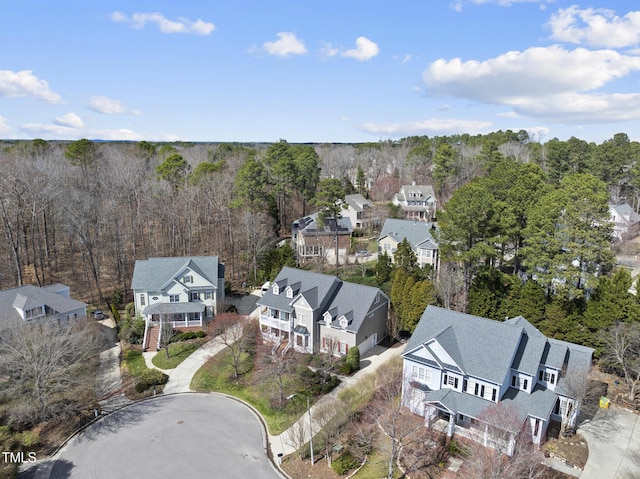 bird's eye view with a residential view and a wooded view