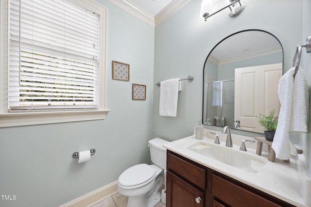 bathroom with toilet, ornamental molding, a stall shower, tile patterned floors, and vanity