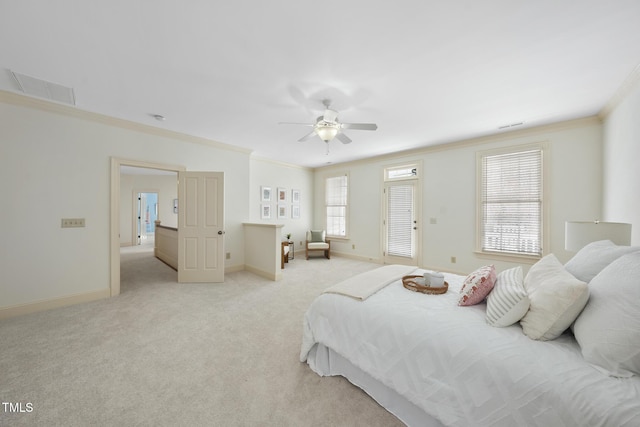 bedroom featuring light colored carpet, baseboards, and ornamental molding