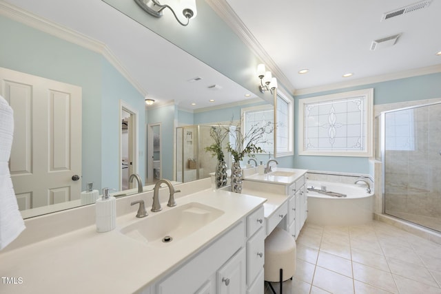 bathroom with a shower stall, crown molding, and visible vents