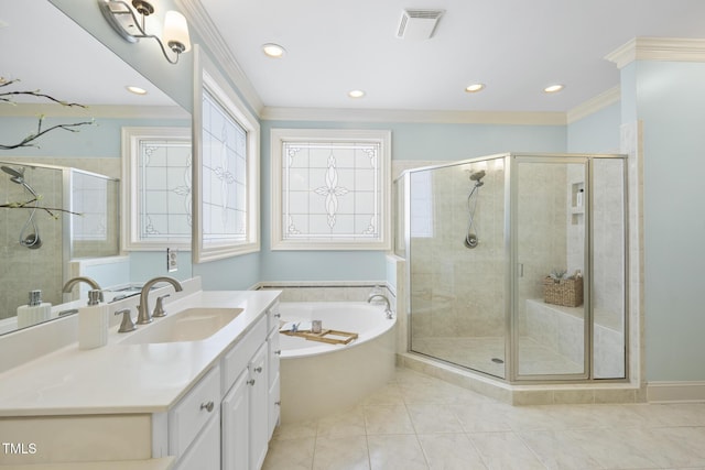 full bath with vanity, visible vents, ornamental molding, a shower stall, and a bath