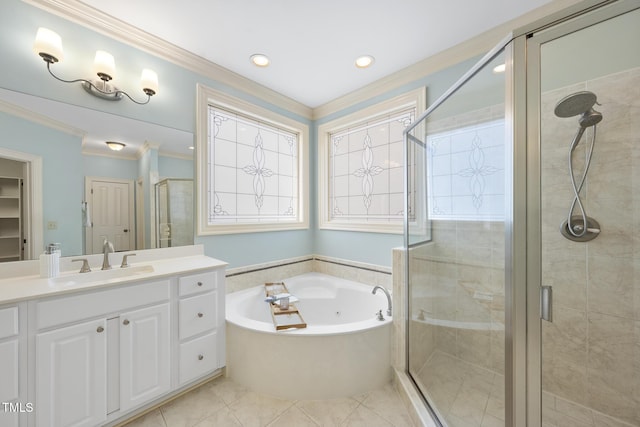 bathroom featuring a whirlpool tub, tile patterned flooring, crown molding, a shower stall, and vanity