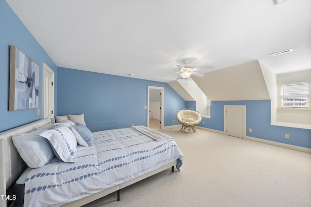 bedroom with baseboards, carpet, visible vents, and ceiling fan