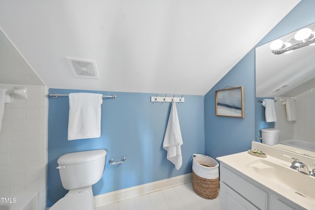 full bathroom featuring visible vents, toilet, lofted ceiling, baseboards, and vanity