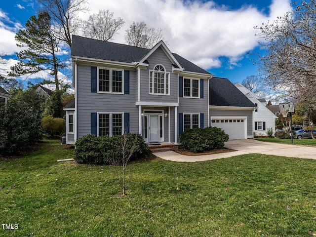 colonial-style house featuring driveway, an attached garage, a front lawn, and roof with shingles