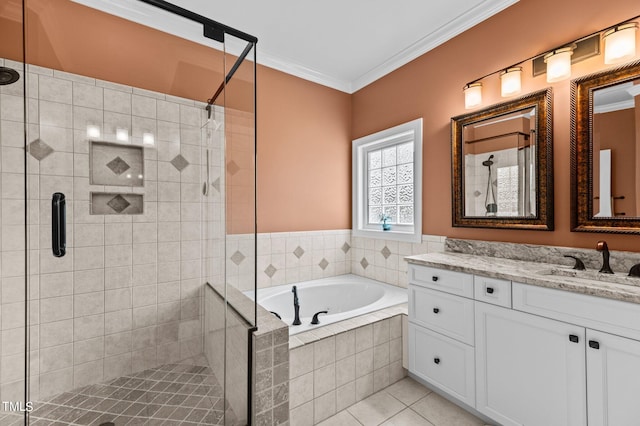 bathroom featuring a shower stall, crown molding, a garden tub, tile patterned floors, and vanity