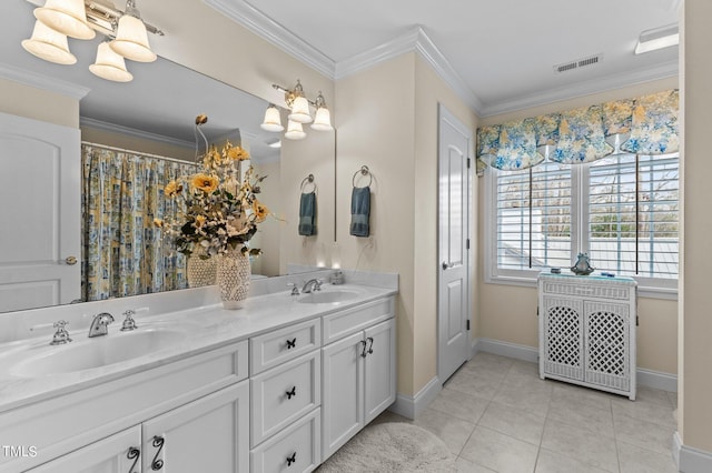 full bath featuring a sink, visible vents, ornamental molding, and tile patterned floors