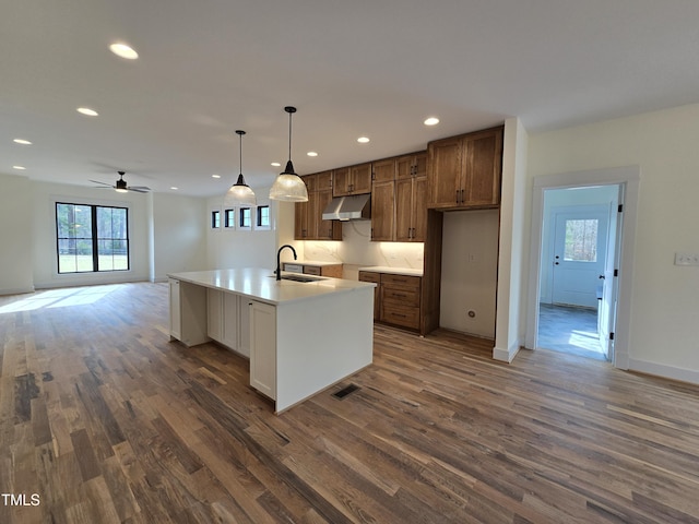 kitchen featuring visible vents, recessed lighting, a sink, dark wood-type flooring, and under cabinet range hood