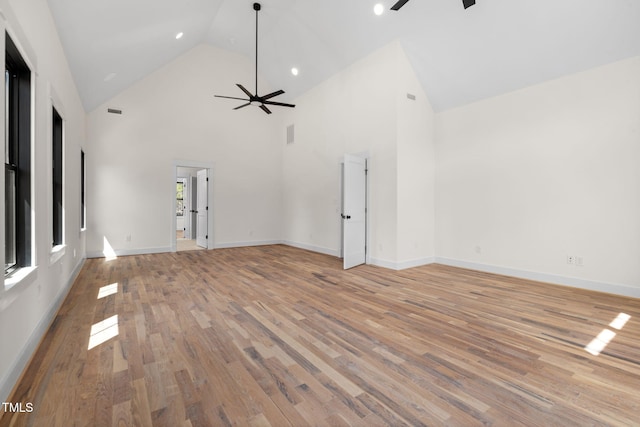 unfurnished living room featuring high vaulted ceiling, baseboards, light wood finished floors, visible vents, and ceiling fan