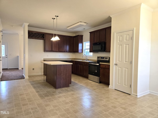 kitchen with black microwave, ornamental molding, stainless steel range with electric stovetop, and dark brown cabinetry