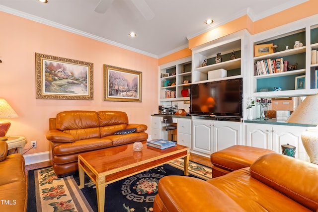 living room featuring wood finished floors and ornamental molding