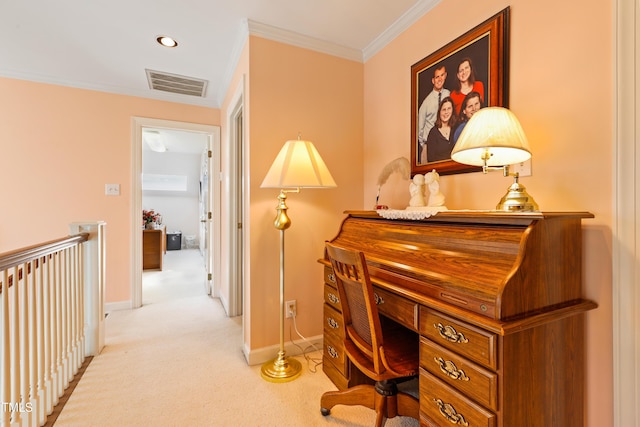 office area with visible vents, baseboards, carpet, ornamental molding, and recessed lighting