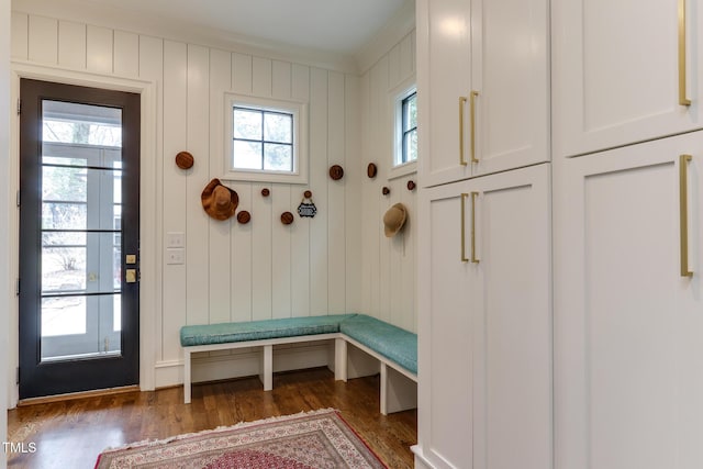 mudroom featuring ornamental molding and wood finished floors