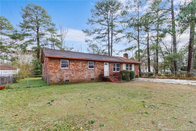 single story home with brick siding, a chimney, crawl space, fence, and a front lawn