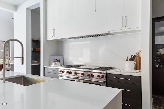 kitchen with a sink, double oven range, modern cabinets, and white cabinetry