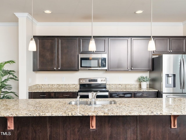 kitchen featuring dark brown cabinetry, crown molding, appliances with stainless steel finishes, and a sink