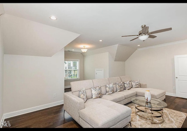 living room featuring baseboards, wood finished floors, and recessed lighting