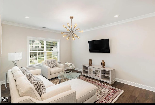 living room featuring baseboards, ornamental molding, dark wood finished floors, and a notable chandelier