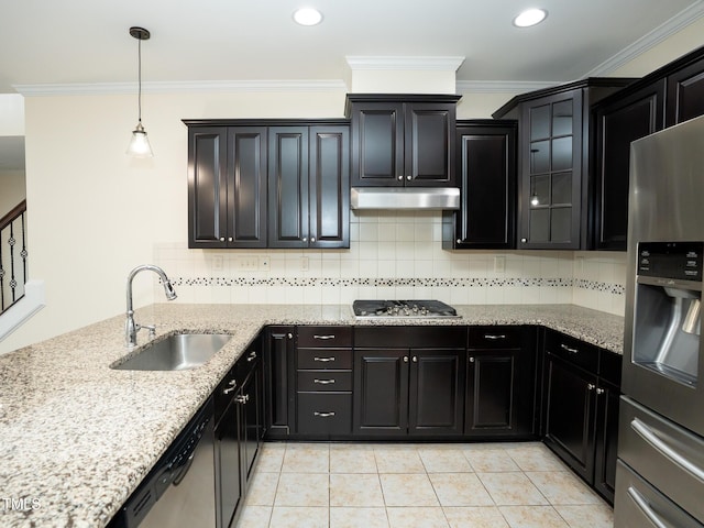 4137 Strendal Dr, Cary, NC 27519 - kitchen with dark cabinets, a sink, light tile patterned floors, and stainless steel appliances