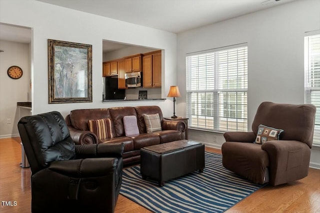 living area with baseboards and wood finished floors