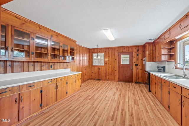 kitchen with light wood finished floors, open shelves, light countertops, electric range, and a sink