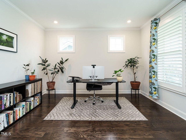 office featuring baseboards, ornamental molding, wood finished floors, and recessed lighting