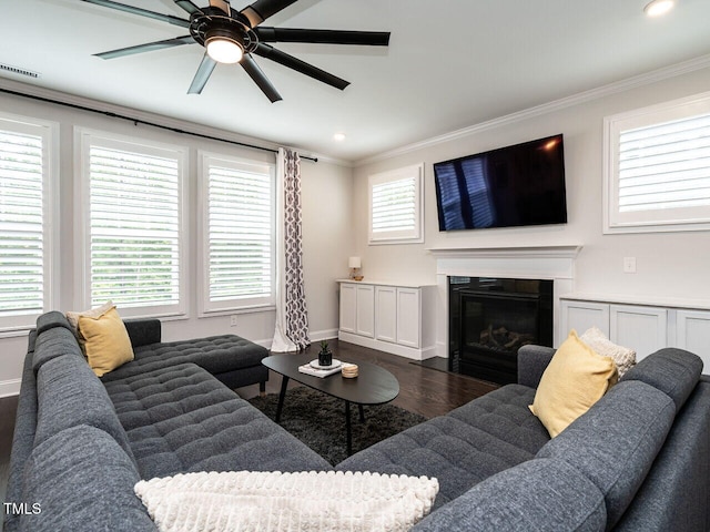 living area featuring wood finished floors, a glass covered fireplace, a wealth of natural light, and crown molding