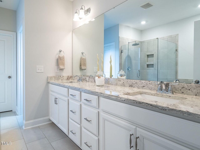 bathroom featuring tile patterned flooring, a sink, visible vents, a shower stall, and double vanity