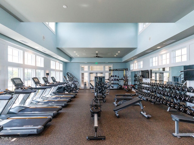 exercise room featuring a towering ceiling and visible vents