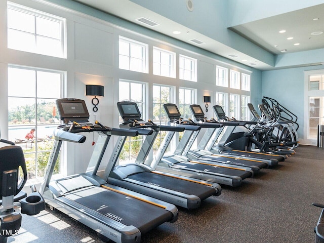 exercise room with a towering ceiling, plenty of natural light, and visible vents