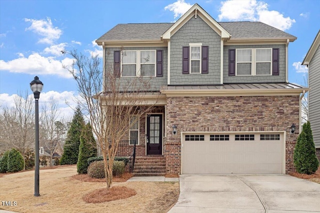 craftsman house with a garage, covered porch, driveway, stone siding, and a standing seam roof