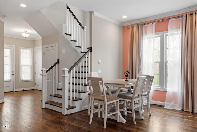 dining area with recessed lighting, baseboards, stairway, dark wood-style floors, and crown molding